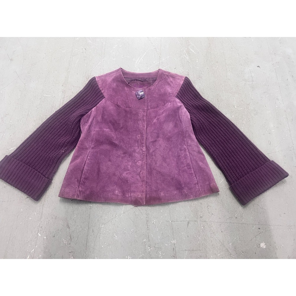 AMI Sweater Jacket Womens Medium Purple Leather Chunky Knit Bell Sleeve Outdoor